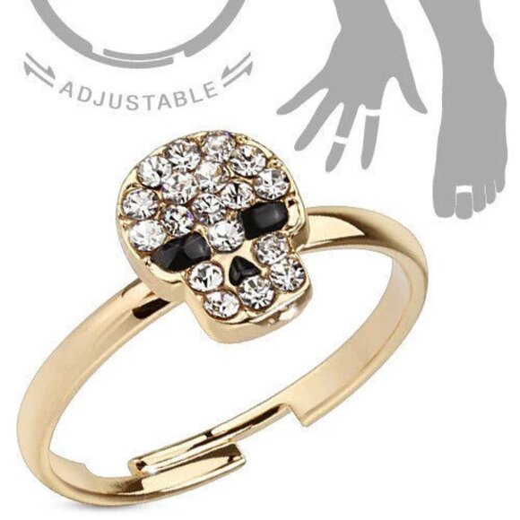ADJUSTABLE 14K GOLD OVER SKULL MID-RING OR TOE RING WITH MULTI-COLORED CZS - Picture 1 of 1